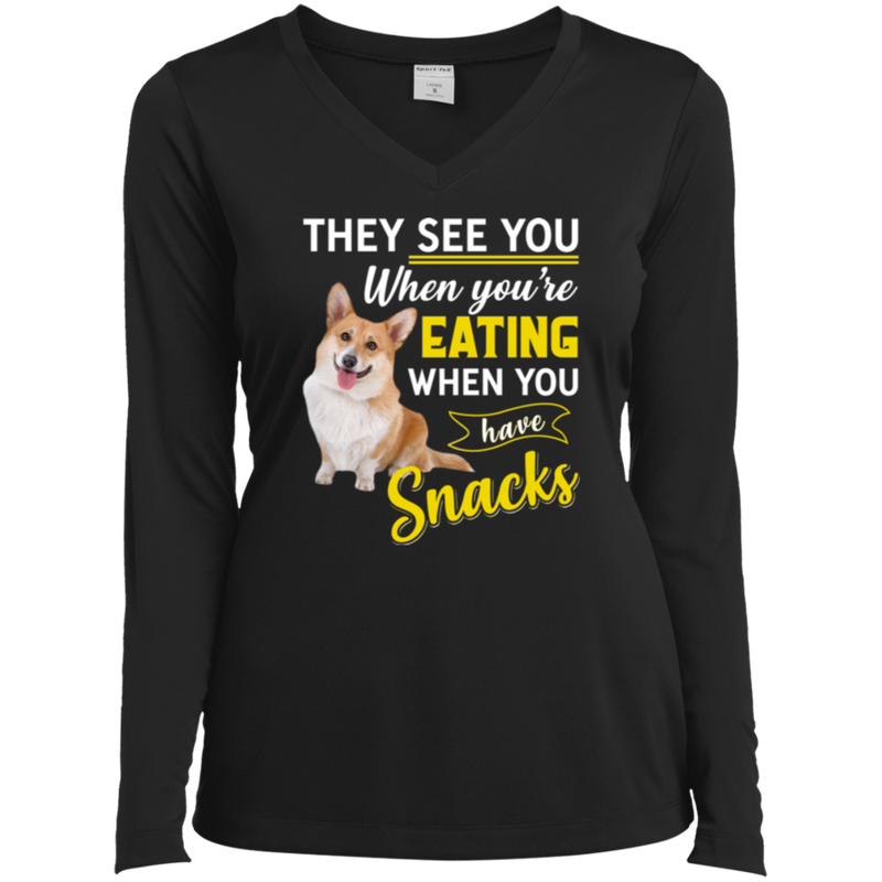 THEY SEE YOU WHEN YOUR'E EATING Ladies' LS Performance V-Neck T-Shirt