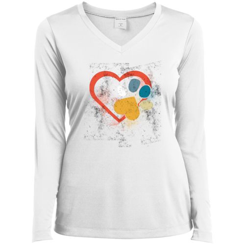 LOVE HEART PAW PRINT Ladies' LS Performance V-Neck T-Shirt