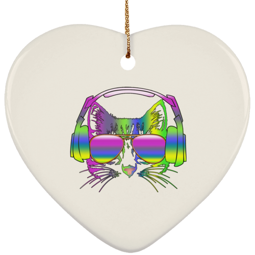 RAINBOW MUSIC CAT Ceramic Heart Ornament