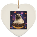SPACE PUG RIDING DONUTS Ceramic Heart Ornament