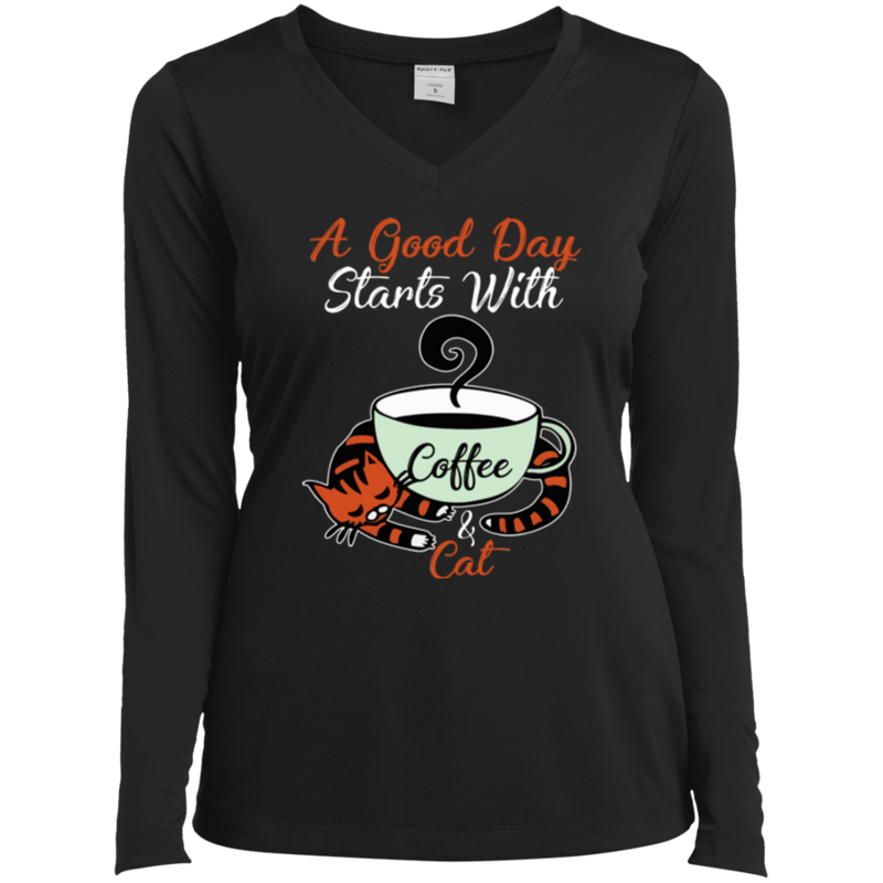 A GOOD DAY STARTS WITH COFFEE Ladies' LS Performance V-Neck T-Shirt
