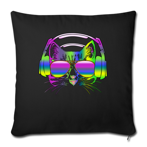 Rainbow Music Cat Throw Pillow Cover 17.5” x 17.5” - black