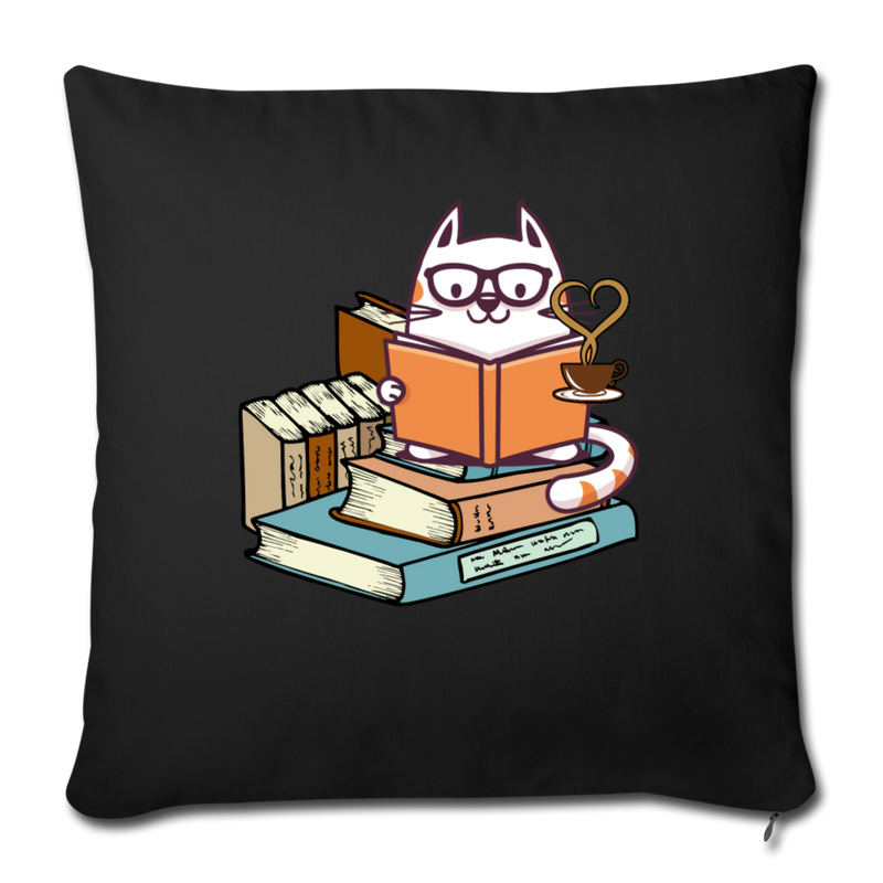 Kittens Cats tea and books Select Throw Pillow Cover 17.5” x 17.5” - black