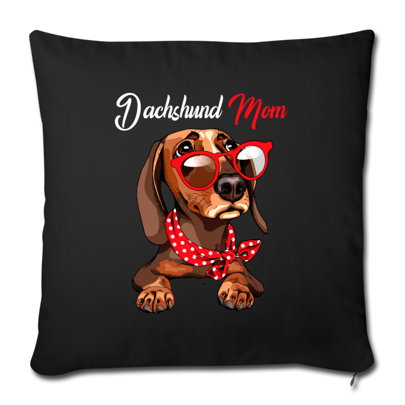Dachshund Mom Wearing Red Glasses Throw Pillow Cover 17.5” x 17.5” - black