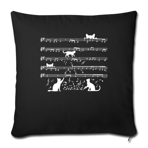 Cute Cat Kitty Playing Music Note Clef Musician Throw Pillow Cover 17.5” x 17.5” - black